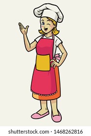 happy cheerful female chef wearing apron