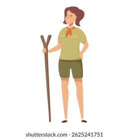 Happy and cheerful female hiker standing outdoors with a backpack. Walking stick. And gear