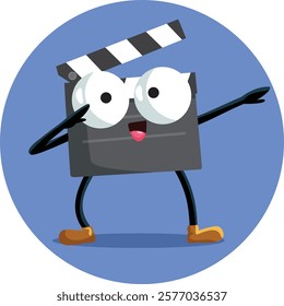 
Happy Cheerful Film Slate Mascot Vector Cartoon Design. Cinema clapper character dabbing and dancing 
