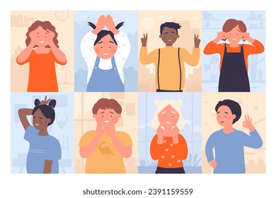 Happy cheerful gestures of children set vector illustration. Cartoon fun scenes with kids collection, cute girls and boys play with funny expression, little students standing with smiles and humor