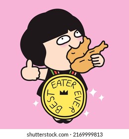 Happy Cheerful Girl With A Giant Gold Medal Best Eater Ever On Her Chest Concept Card Character illustration