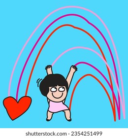 Happy Cheerful Girl Having Fun With Heart Sign And Rainbow. Love And Hope Symbol Concept Card Character illustration