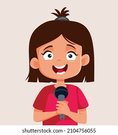 
Happy Cheerful Girl Holding A Microphone Vector Cartoon. Little Child Performing For Live Audience In Kindergarten Show
