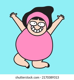 Happy Cheerful Girl Is Jumping With Her Big Bloated Tummy Concept Card Character Illustration