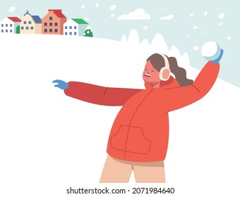 Happy Cheerful Girl Playing Snowballs on White Snowy Landscape Background. Kid Character Wintertime Active Spare Time. Winter Fun Outdoor Active Games on Street. Cartoon People Vector Illustration