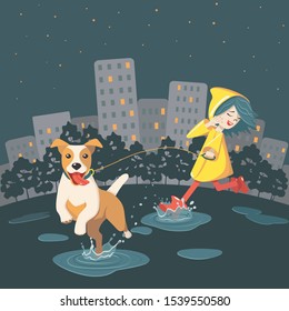 Happy cheerful girl runs through the puddles with her dog in the autumn city park. Сoncept of outdoor evening walk with a pet. The dog from the shelter is the best friend. Cartoon vector illustration