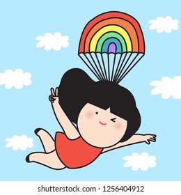 Happy Cheerful Girl Showing Thumbs Up Finger While Flying In The Sky With Rainbow Balloon Concept Card Character illustration