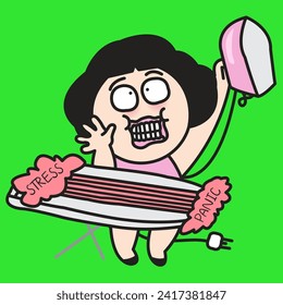 Happy Cheerful Girl Steams Ironing Her Stress And Panic That Helps Them Soften And Return To Their Original Calm State, Healing Her Emotion Happier Last Longer Concept Card Character illustration