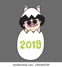 Happy Cheerful Girl With Sunglasses And Pig's Nose Coming Out Of Broken Eggshell That Having Year 2019 Text On. Concept Of New Year Greeting Card Character Series illustration