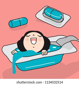 Happy Cheerful Girl Swimming In A blister Package For Pharmaceutical Pills or Drug Capsules Tablet. Concept Of Taking A Break Can Relief Stress Card Character illustration