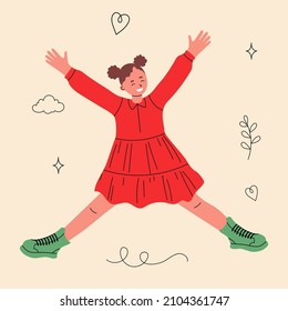 Happy cheerful girl in trendy casual clothes jumping and laughing. Vector hand-drawn illustration with doodle objects