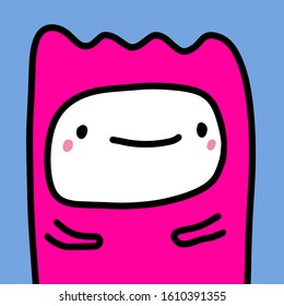 Happy cheerful hand drawn vector illustration in cartoon comic style man smiling monster pink blue white