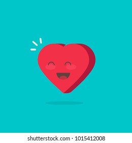 Happy cheerful heart vector illustration isolated, flat cartoon heart character with lovely smile face or happiness, idea or romantic comic gift icon, amour or joyful emotion