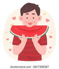Happy Cheerful Kid Boy Holding a Big Piece of Watermelon for Healthy Eating Concept Illustration Clip Art