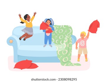 Happy cheerful kids having fun enjoying pillow fight game jumping on home sofa couch vector illustration isolated on white background