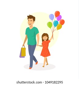 happy cheerful laughing father and daughter walking together with festive balloons isolated fun vector illustration scene