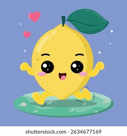 Happy And Cheerful Lemon Fruit Cartoon Character Running In The Grassland