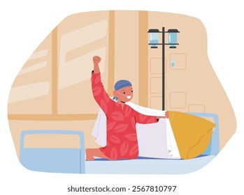 Happy cheerful little child cartoon character struggling with oncology disease in superhero pose while sitting in bed of hospital ward vector illustration. Childhood cancer and inspirational hope