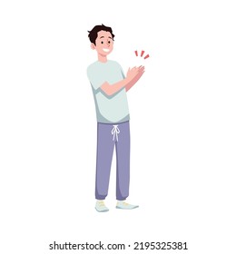 Happy cheerful man applauds with bravo gesture. Success, happiness and satisfaction concept, flat cartoon vector illustration isolated on white background.