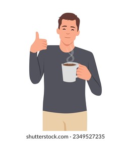 Happy cheerful man with cup of tea gesturing like. Flat vector illustration isolated on white background