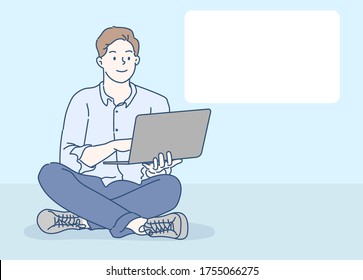 Happy cheerful man working on laptop computer while sitting on the floor. Freelancer working at home. Hand drawn in thin line style, vector illustrations.