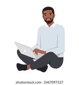 Happy cheerful man working on laptop computer while sitting on the floor. Flat vector illustration isolated on white background