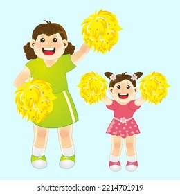 Happy cheerful mother and daughter cheerleading with pom pom balls sharing the positive energy. Cheer up family.