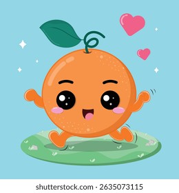 Happy And Cheerful Orange Fruit Cartoon Character Running In The Grassland