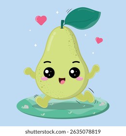 Happy And Cheerful Pear Fruit Cartoon Character Running In The Grassland