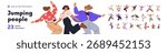 Happy cheerful people jumping set. Active joyful characters celebrating victory, success. Young energetic, emotional men, women triumph. Flat graphic vector illustrations isolated on white background