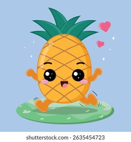 Happy And Cheerful Pineapple Fruit Cartoon Character Running In The Grassland