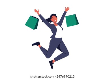 Happy and cheerful pretty woman jumping in the air with shopping bag in her hands. Hand drawn style vector design illustrations.
