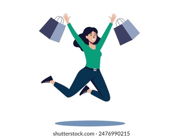 Happy and cheerful pretty woman jumping in the air with shopping bag in her hands. Hand drawn style vector design illustrations.

