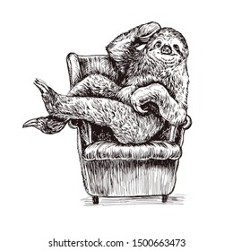 Happy cheerful sloth funny sitting in a chair illustration style engraving vector