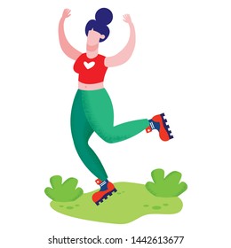 Happy Cheerful Sportive Woman Skating on Rollers Isolated on White Background. Summertime Sports Activity, Leisure, Vacation, Girl Character Rollerblading in Park. Cartoon Flat Vector Illustration
