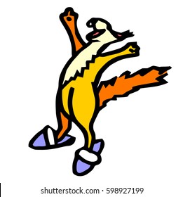 Happy cheerful squirrel in slippers pulls up arms in the morning.
A funny cartoon character with a big red tail does exercises