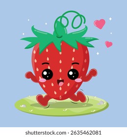 Happy And Cheerful Strawberry Fruit Cartoon Character Running In The Grassland