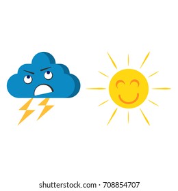 Happy cheerful  sun and angry cloud vector face emotions  