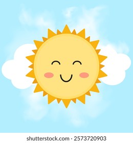 Happy cheerful sun. Cartoon sun on shining blue sky. All layered and grouped. Vector.