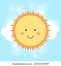 Happy cheerful sun. Cartoon sun on shining blue sky. All layered and grouped. Vector.