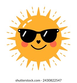 Happy cheerful sun wearing sunglasses. Cartoon sun on the background. Vector isolated.