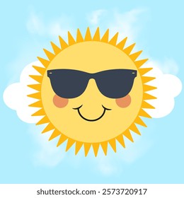 Happy cheerful sun wearing sunglasses. Cartoon sun on shining blue sky. All layered and grouped. Vector.