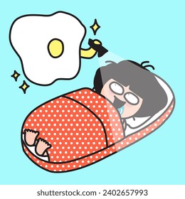 Happy Cheerful Sunny Side Up Eggs Holding Solar Torch Trying To Wake Up Girl For Meal Concept Card Character illustration