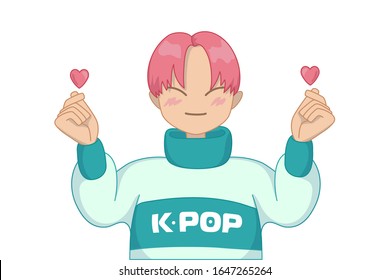 Happy Cheerful Teen Boy Showing Heart Shaped Sign With Fingers. K-pop South Korean Popular Music Icon. Asian Idol Singer. Kpop Army Fan Group. Isolated Vector Illustration On White.