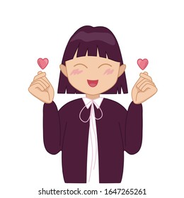 Happy Cheerful Teen Girl Showing Heart Shaped Sign With Fingers. K-pop South Korean Popular Music Icon. Asian Idol Singer. Kpop Army Fan Group. Isolated Vector Illustration On White.