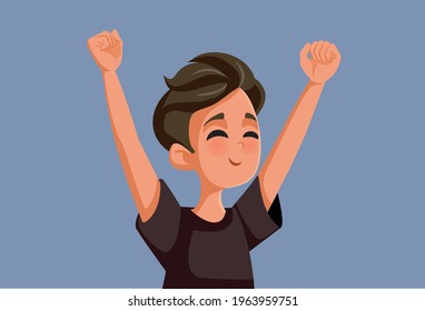 Happy Cheerful Teenage Boy Vector Illustration. Exuberant young guy feeling positive and optimistic raising hands expressing joy
