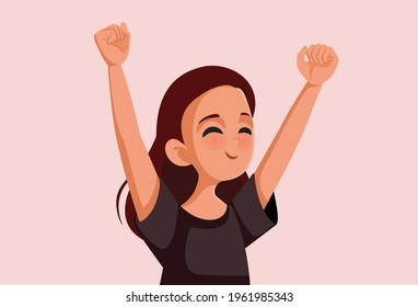 Happy Cheerful Teenage Girl Vector Illustration. Exuberant young woman feeling positive and optimistic raising hands expressing joy
