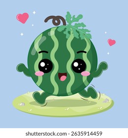 Happy And Cheerful Watermelon Fruit Cartoon Character Running In The Grassland