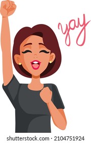 

Happy Cheerful Woman Expressing Excitement Vector Illustration. Excited lady celebrating personal achievement and success 
