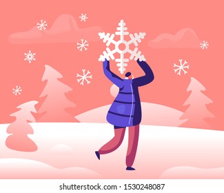 Happy Cheerful Woman Holding Huge Snowflake above Head, Playing on Snowy Landscape Background. Winter Season Fun and Outdoor Leisure, Active Games and Spare Time. Cartoon Flat Vector Illustration